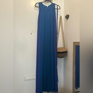 French Connection chiffon maxi pleated color block blue dress with tie-waist